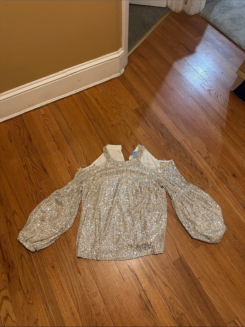 CeCe Silver Sequin Cold-Shoulder Blouse